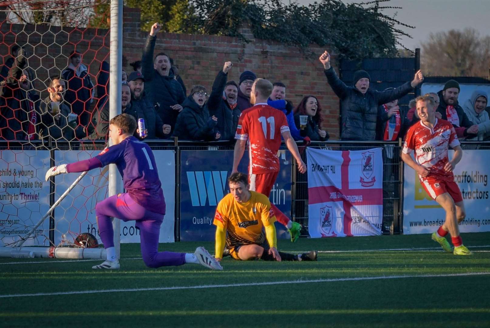 Alfie Paxman celebrates one of his two goals in Ramsgate’s big win over Littlehampton. Picture: Stuart Watson