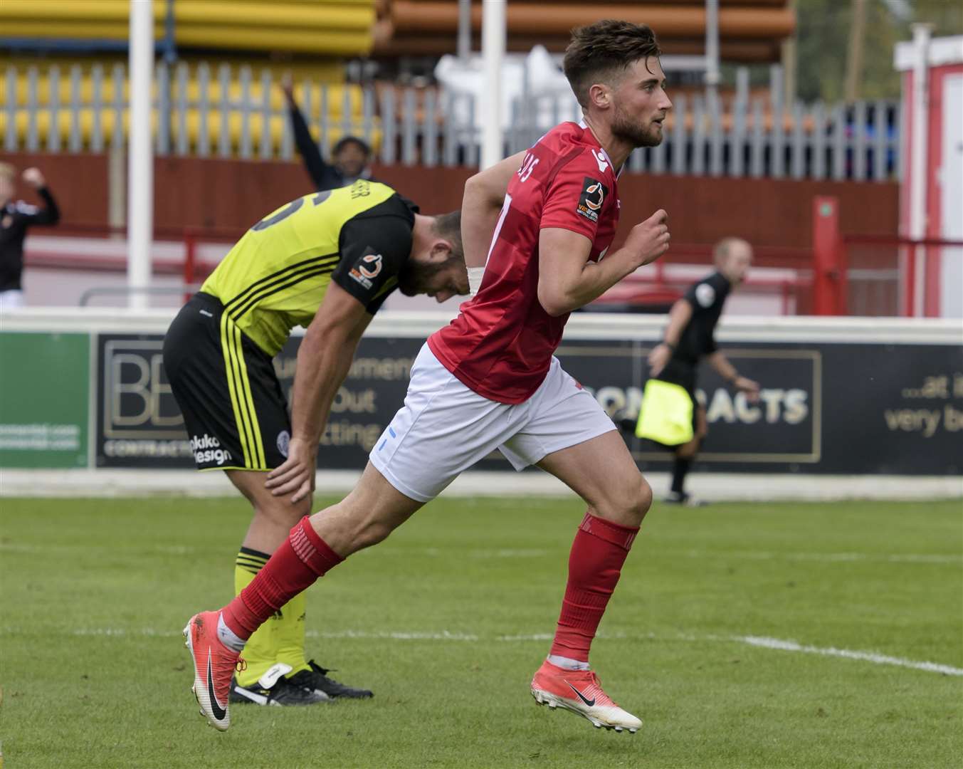 Sean Shields celebrates the first of his two goals against Aldershot Picture: Andy Payton