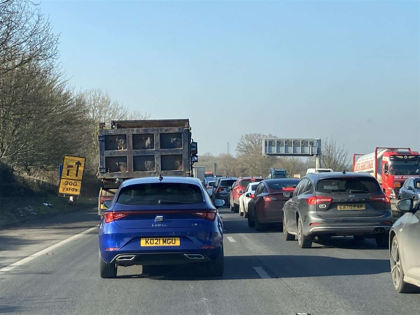 Inside lane of the London-bound carriageway of the M2 between Sittingbourne and Gillingham junctions coned off