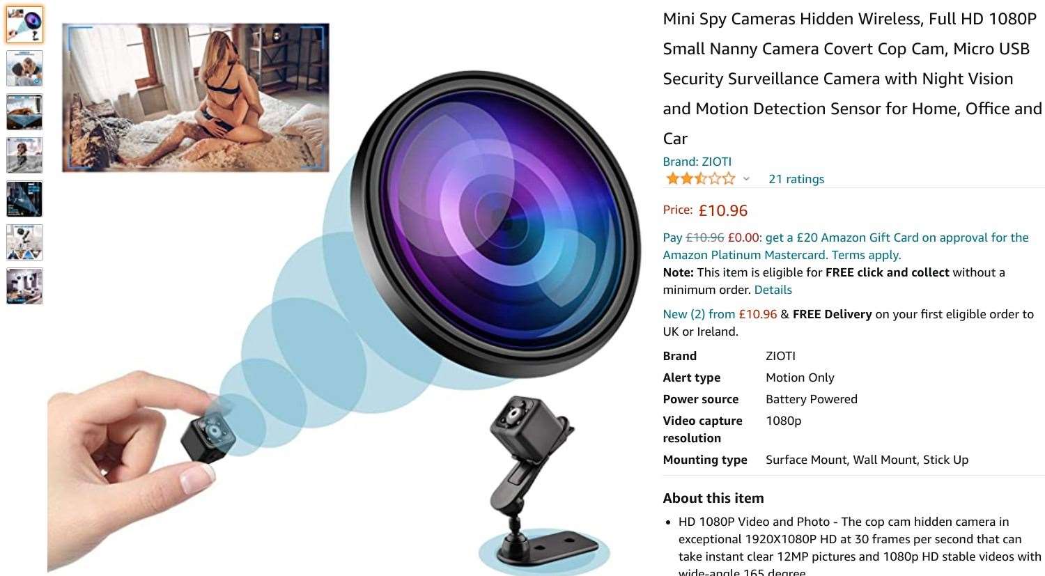 A listing for a hidden camera on Amazon