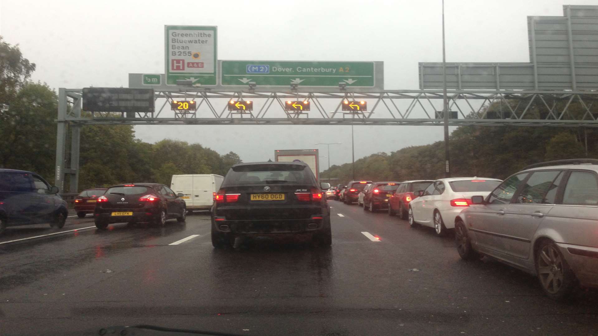 Cars queue after the A2 crash near Dartford this morning