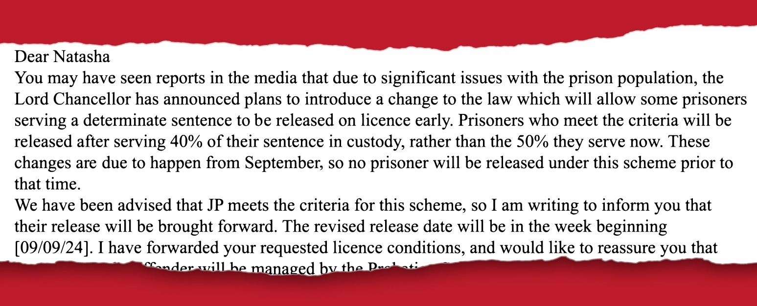 An excerpt from the letter Natasha Brine was sent by the Ministry of Justice, informing her that her abuser, Jack Poore, qualified for early release from prison under a government scheme to reduce overcrowding