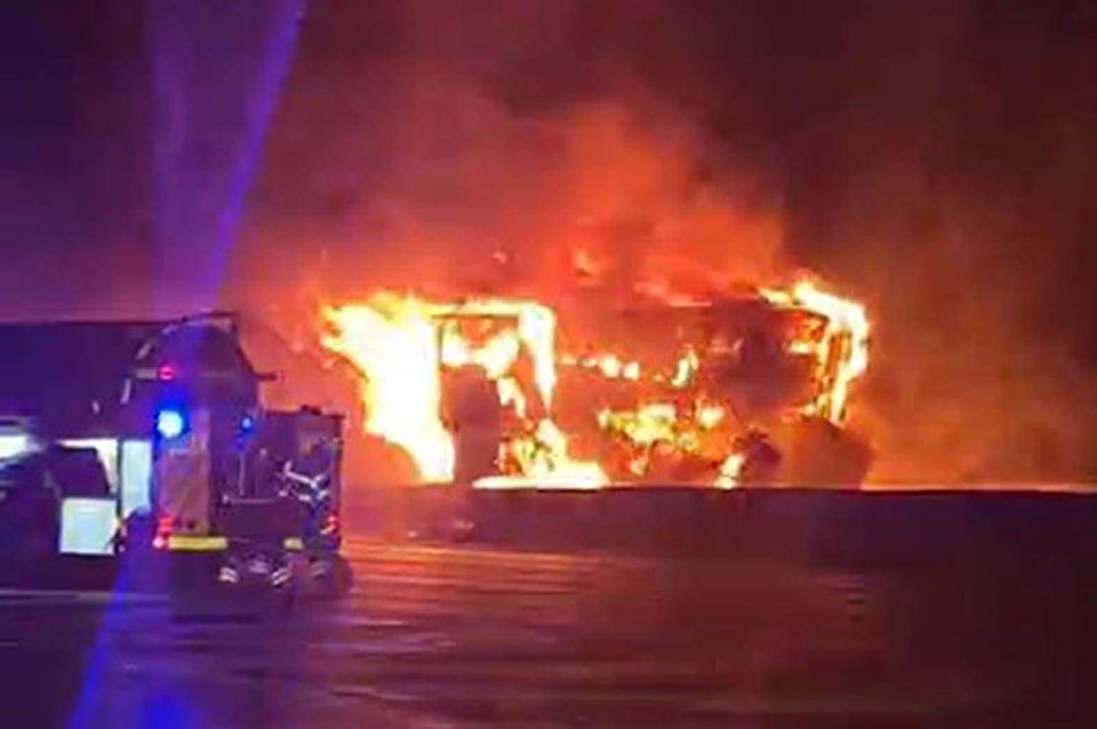 A screengrab from footage of the lorry on fire on the M25 on Sunday evening (Simona Andreeva/PA)