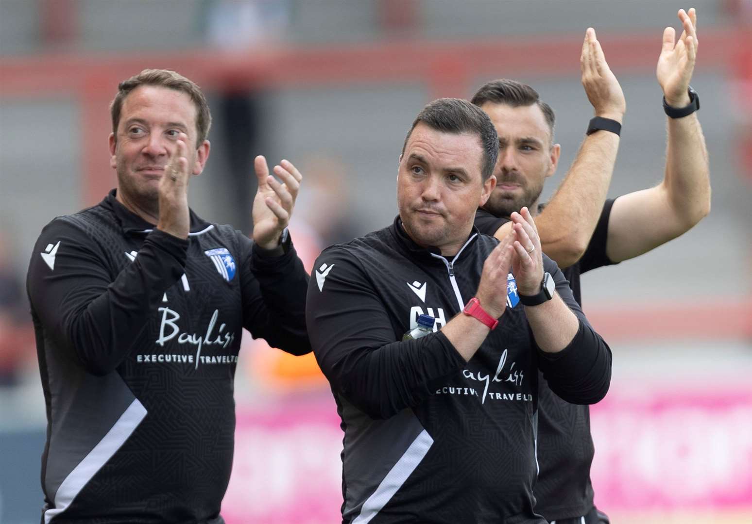 Gillingham assistant manager Anthony Hayes (centre) described Saturday’s win as massive Picture: @Julian_KPI