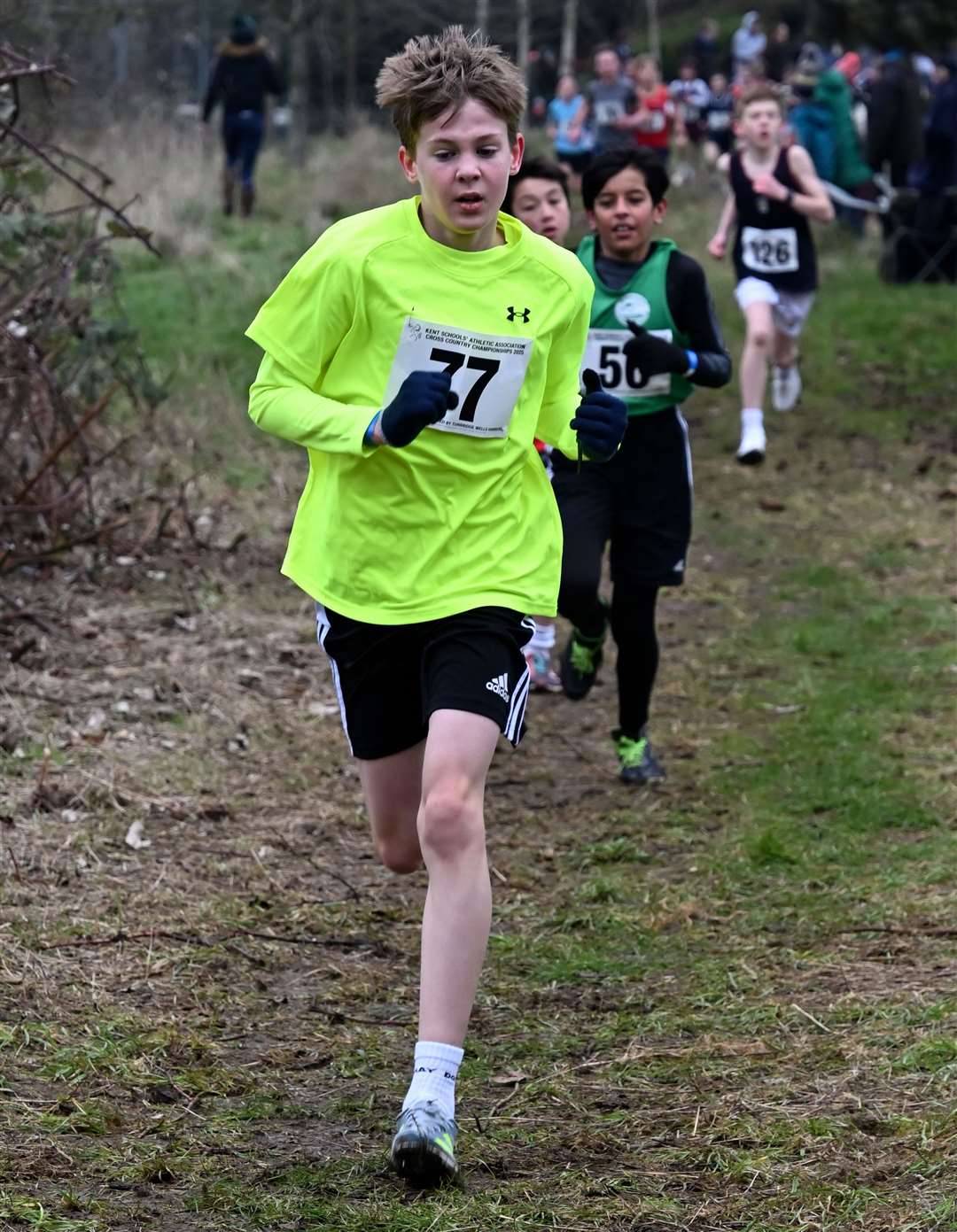 No.77 Jacob Gillett running for Folkestone & Hythe in the Year 7 boys’ race. Picture: Simon Hildrew