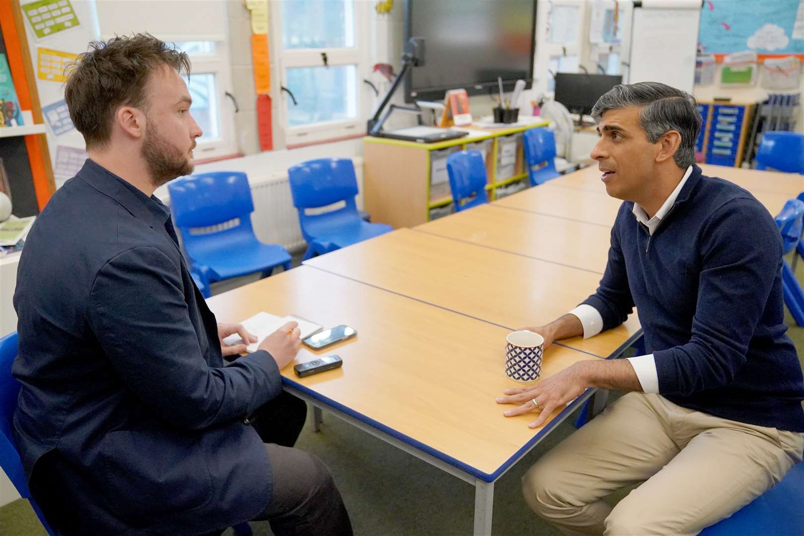 Prime Minister Rishi Sunak talks to PA’s David Lynch during a visit to Braishfield Primary School in Romsey, Hampshire (Jonathan Brady/PA)