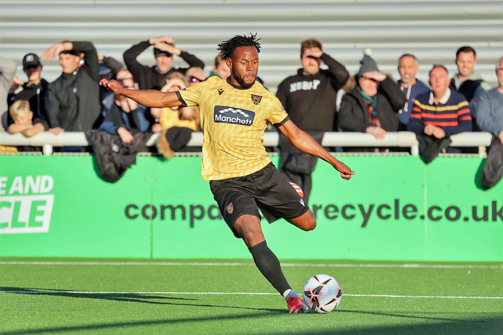 Maidstone substitute Shaq Coulthirst squares as the hosts push for a late winner. Picture: Helen Cooper