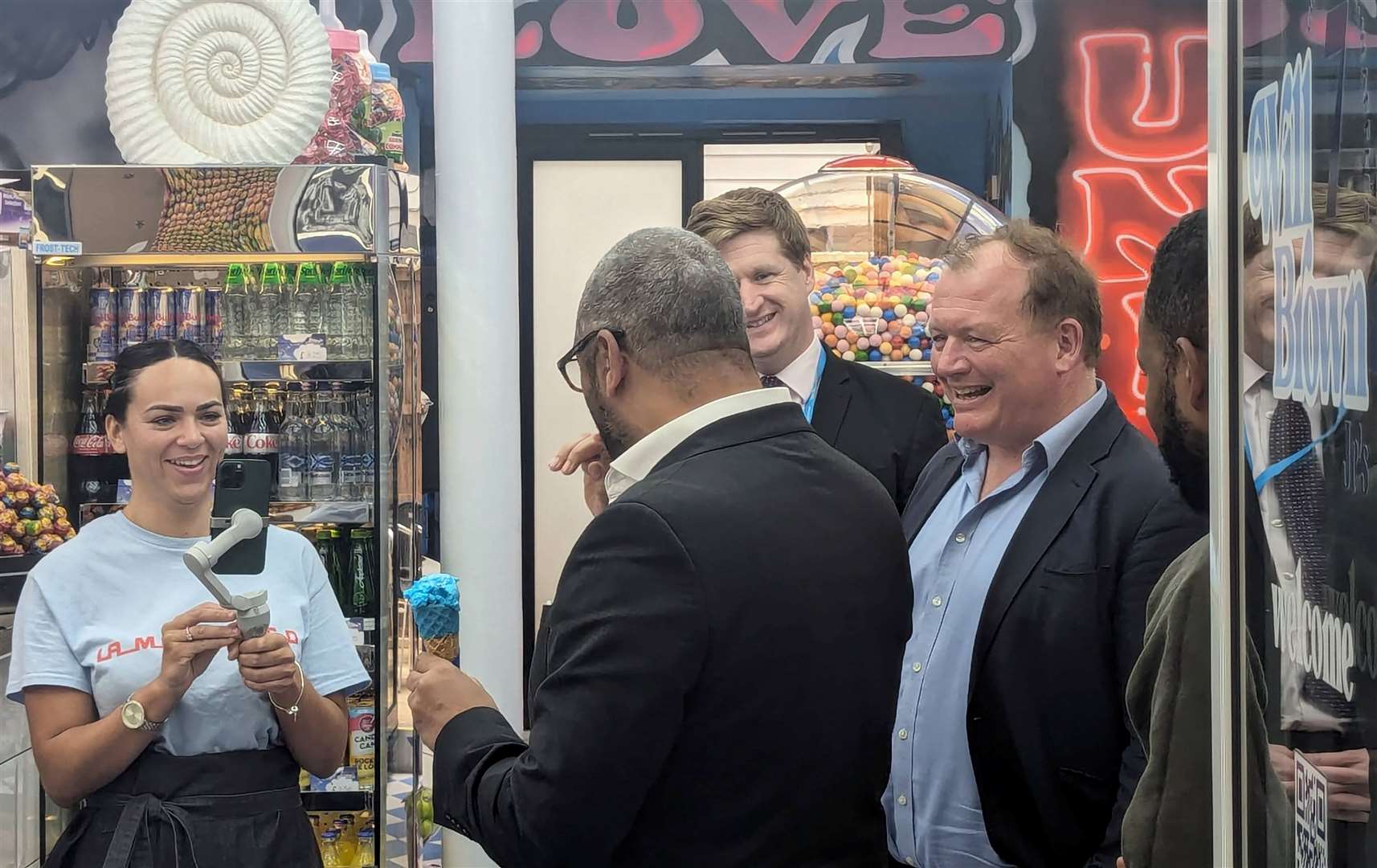 James Cleverly for an on-brand blue ice cream during a campaign visit in Folkestone