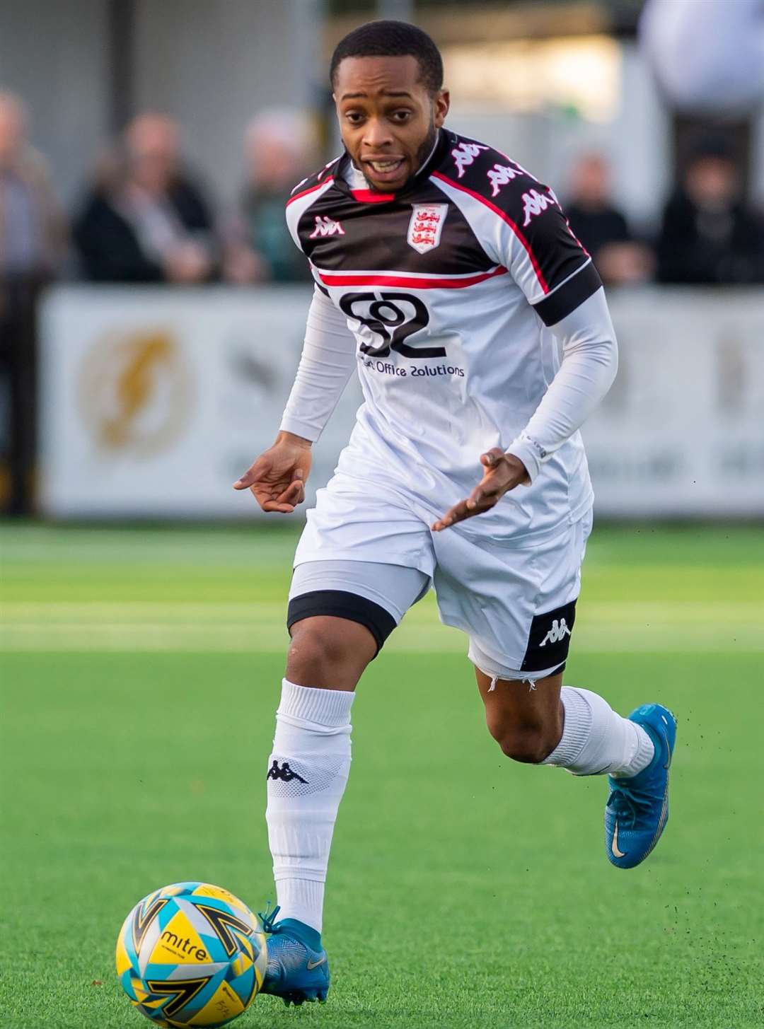 Faversham’s Kieron Campbell, who played in a more central role against VCD as Town shuffled their pack, looks for options. Picture: Ian Scammell