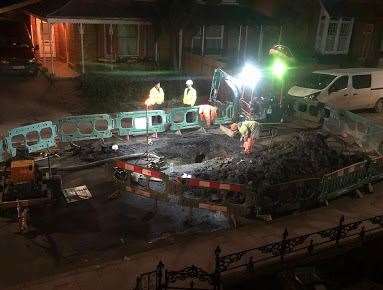 Crews repairing a burst pipe in Mickleburgh Hill last night