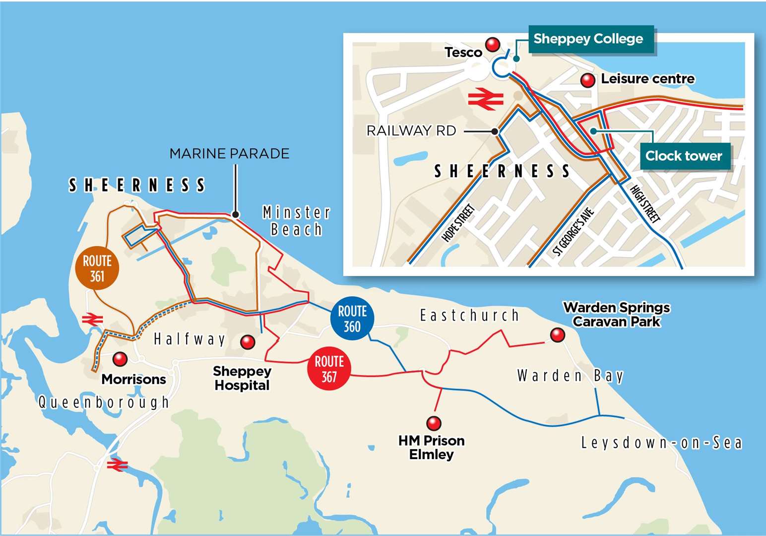 A map showing bus routes on Sheppey that Arriva is proposing to cut