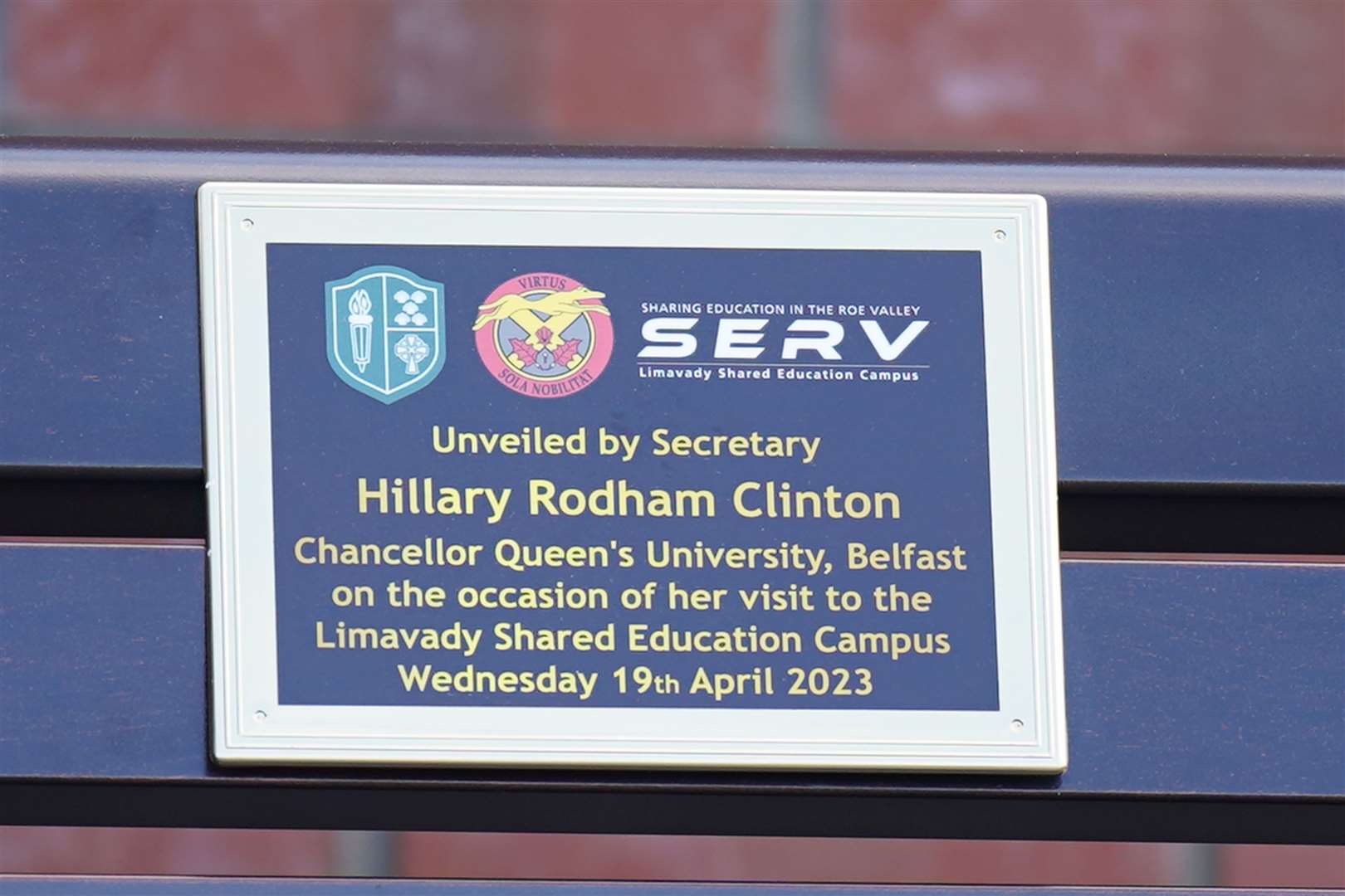 A plaque unveiled by Hillary Clinton during her visit to Limavady High School, Co Londonderry (Niall Carson/PA)