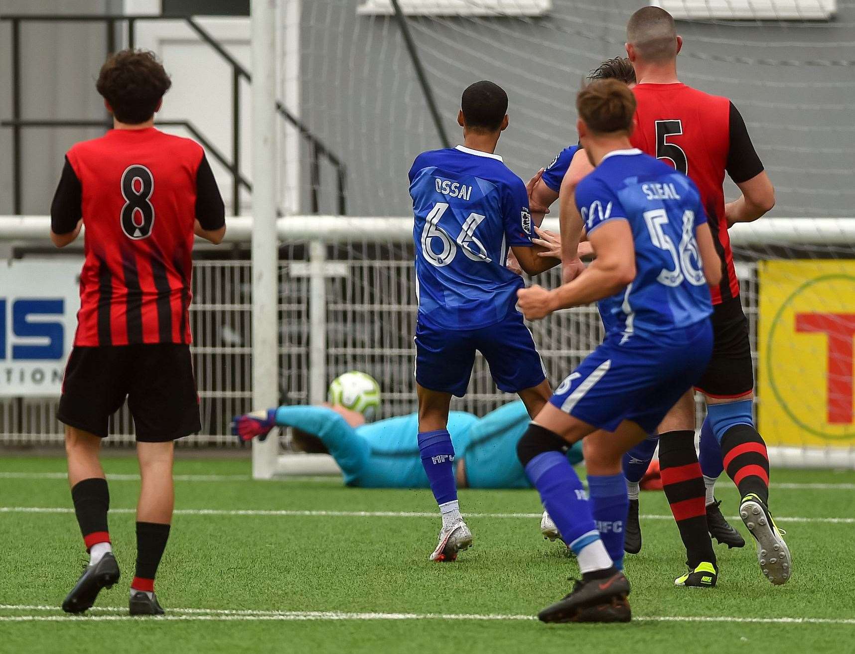 Aidan Hayes' penalty squeezes under Nathan Edwards. Picture: PSP Images