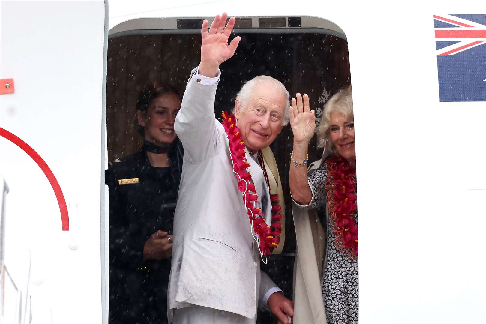 The King and Queen boarding an Royal Australian Air Force plane ahead of departing from Faleolo International Airport in Samoa (Chris Jackson/PA)