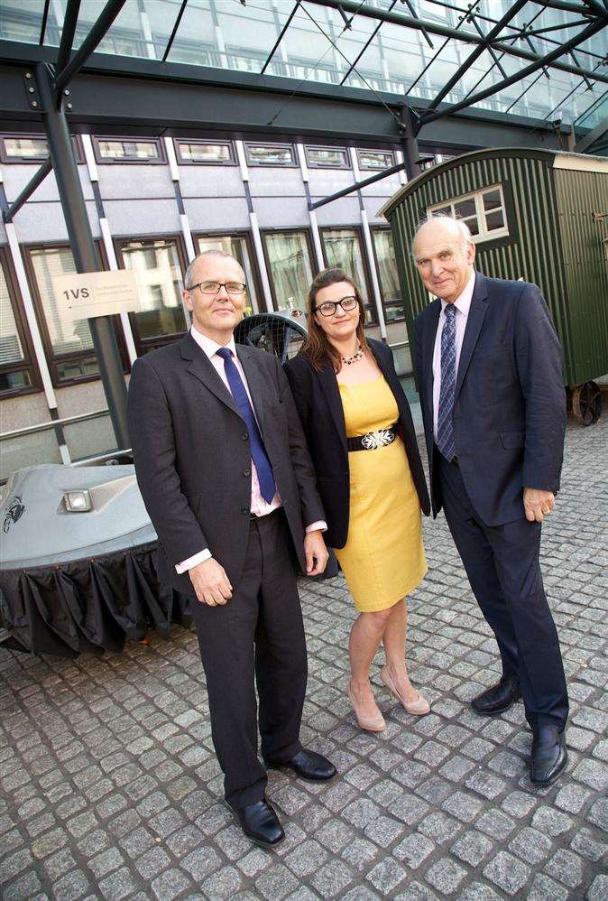 From left, Manufacturing Advisory Service's Stephen Peacock, Flying Fish's Emma Pullen and Business Secretary Vince Cable