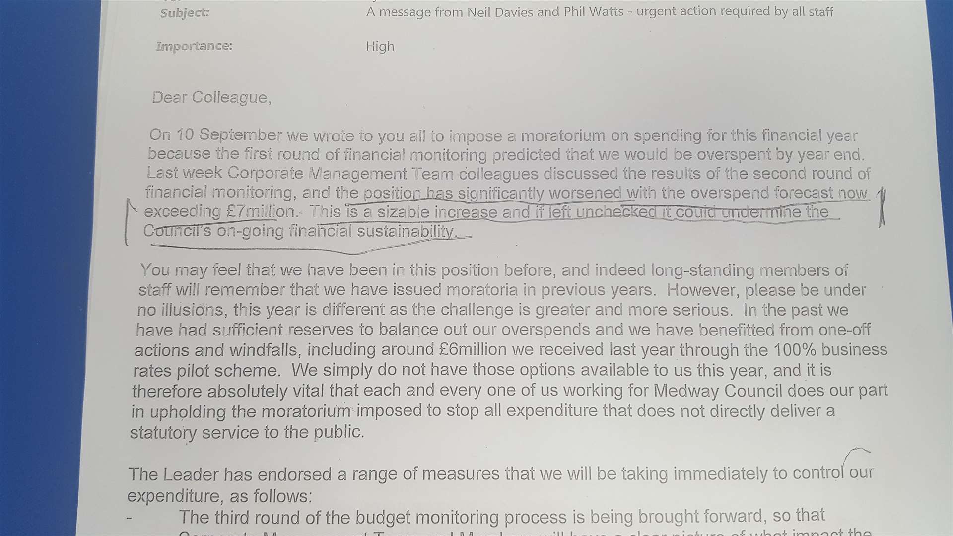 A letter sent out to Medway Council staff about a projected £7m overspend last year