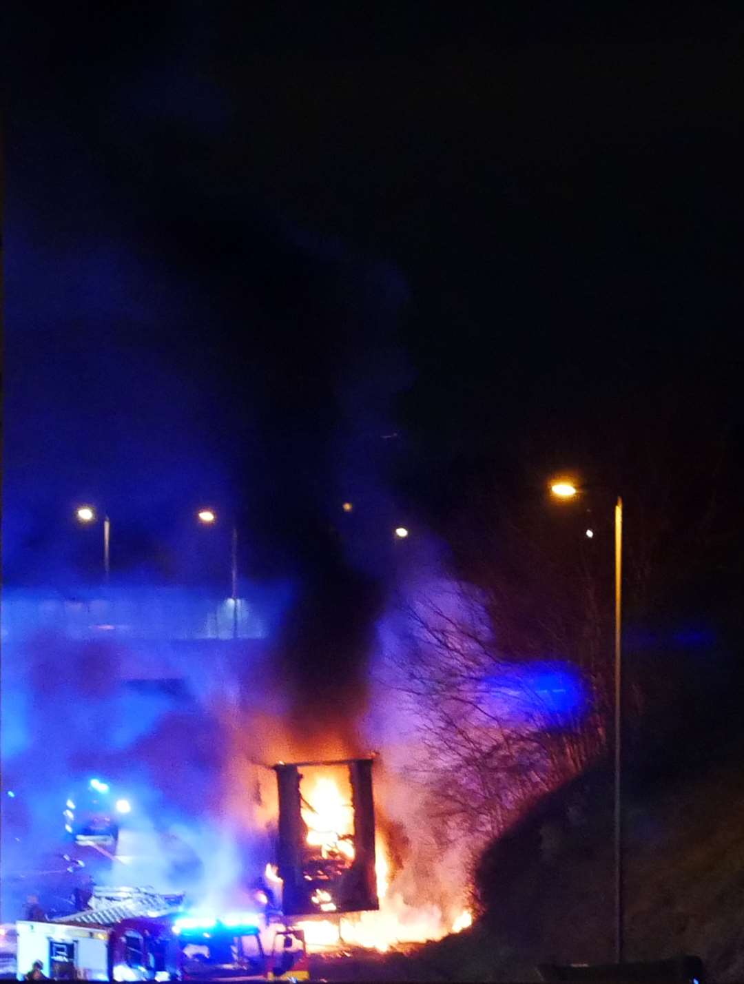 A lorry on fire between junction 29 and 30 of the M62 motorway (Rob Collinson/PA)