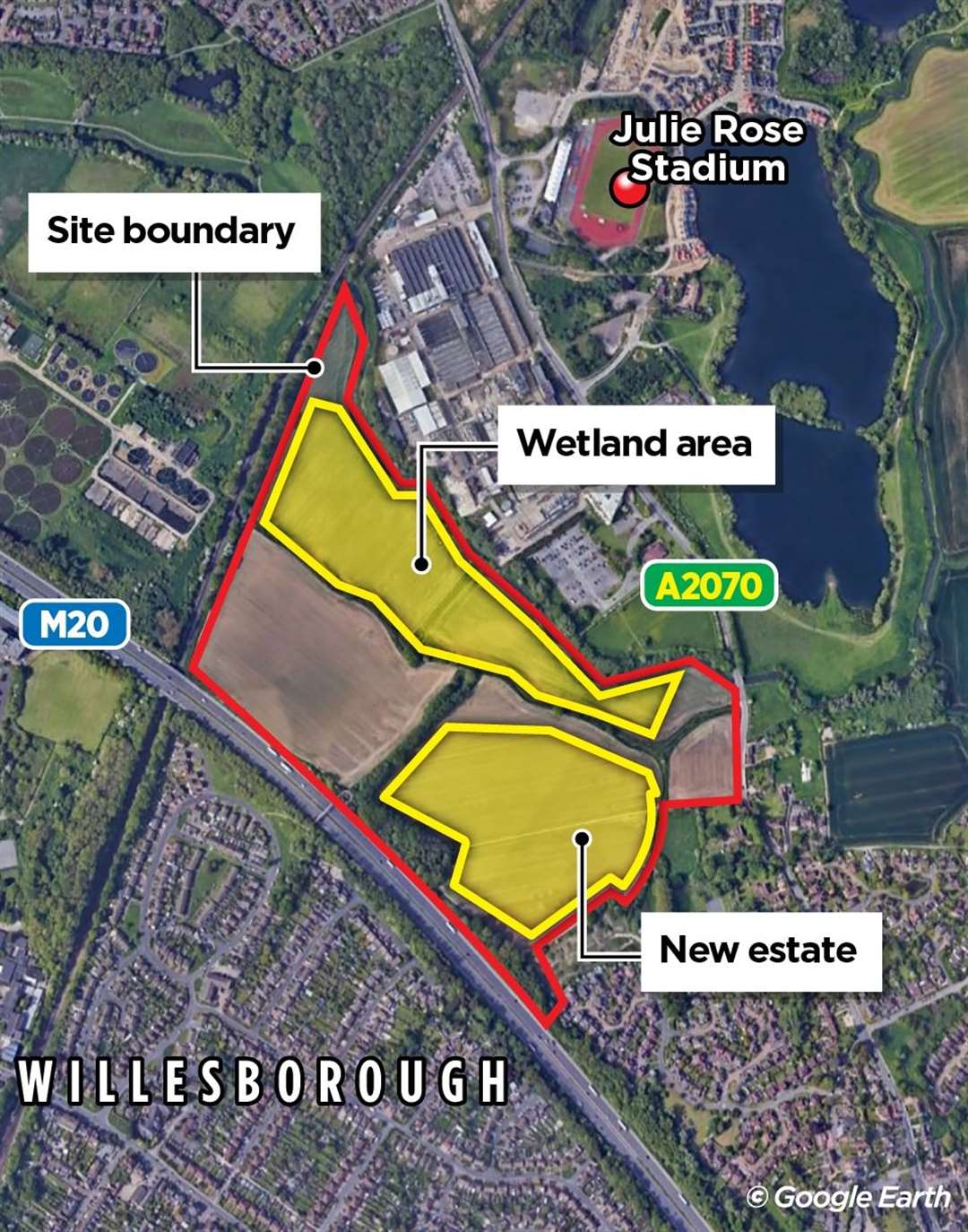 The location of the planned Kingsland Green homes and wetlands off the A2070 in east Ashford