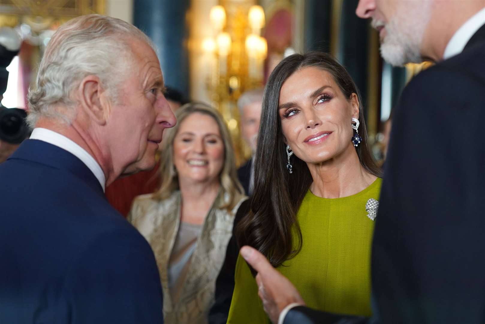 The King speaks to King Felipe VI and Queen Letizia of Spain (Jacob King/PA)