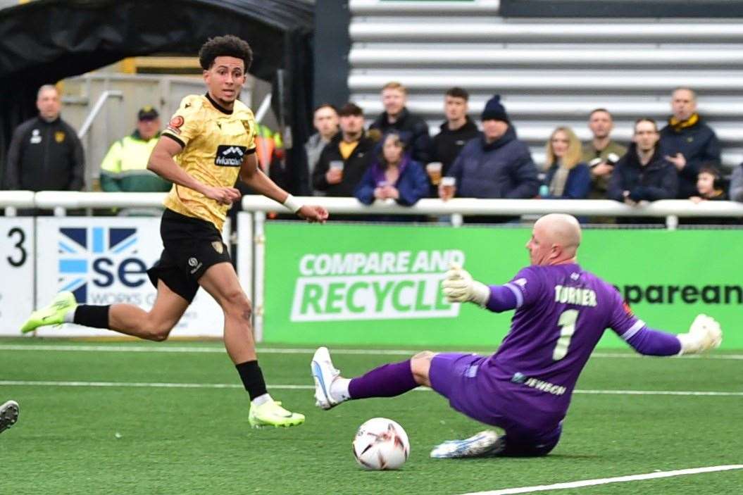 Sol Wanjau-Smith gives Maidstone a 2-0 lead at home to Farnborough. Picture: Steve Terrell