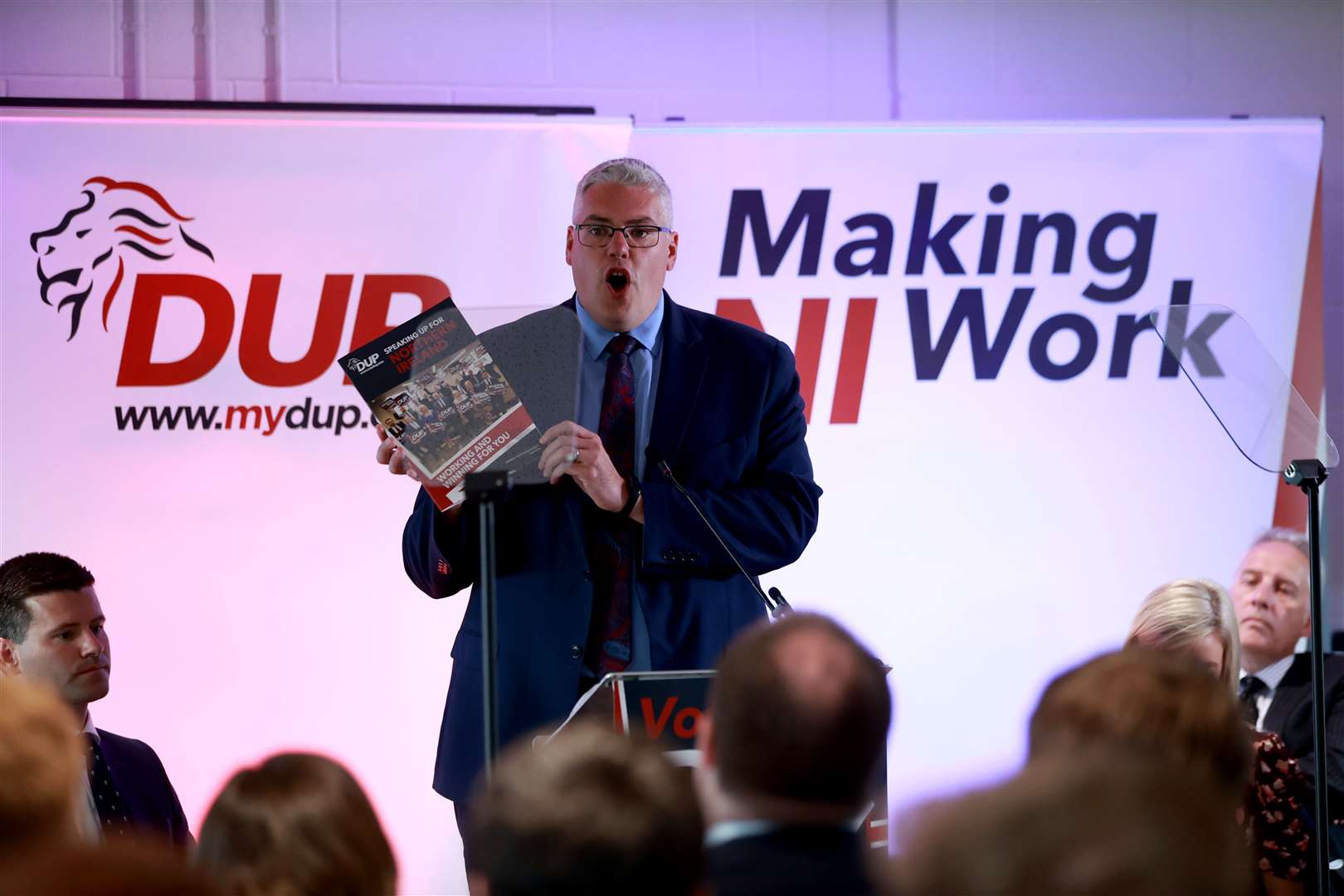 DUP leader Gavin Robinson launching the manifesto (Liam McBurney/PA)