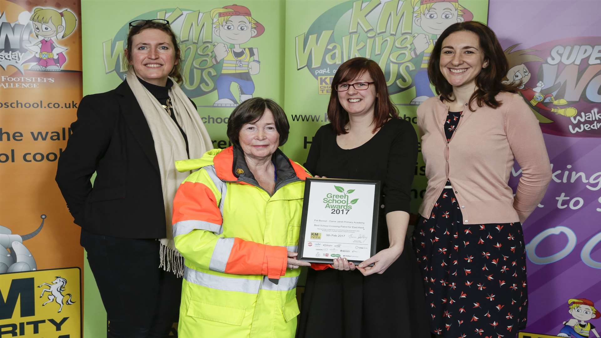 Caroline Huey of Orbit, Pat Bennett of Dame Janet Primary Academy and winner of Best School Crossing Patrol, Nikki Wood, and Charlotte Owen of KCC at the Green School Awards 2017.