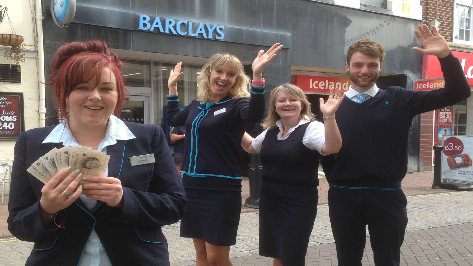 Jo Cahil (front) of Barclays, who holds the £100 cash prize available at the 10th anniversary KM Big Quiz, with colleagues Sherrie Price, Teresa Jepson and Will Mowle.