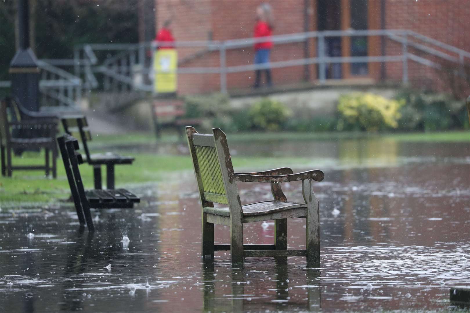 Meanwhile, rain was the order of the day in other parts of the UK, with this cricket pitch in Wraysbury, Berkshire, flooded (Jonathan Brady/PA)