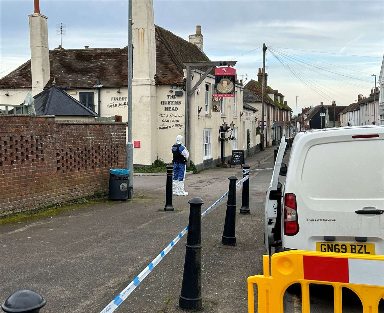 Police at the Queens Head pub in Boughton under Blean yesterday