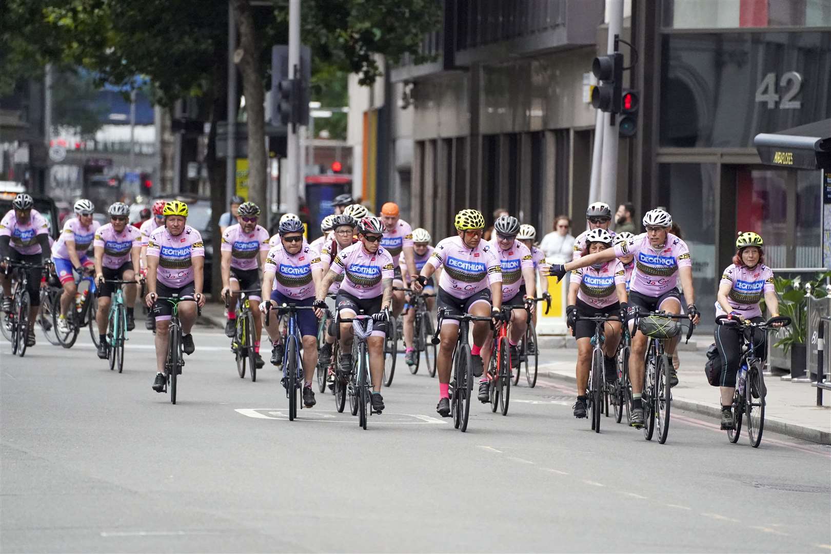 The Jo Cox Way cyclists arrive at Flat Iron Square in Southwark, London, following their five-day journey from West Yorkshire (Steve Parsons/PA)