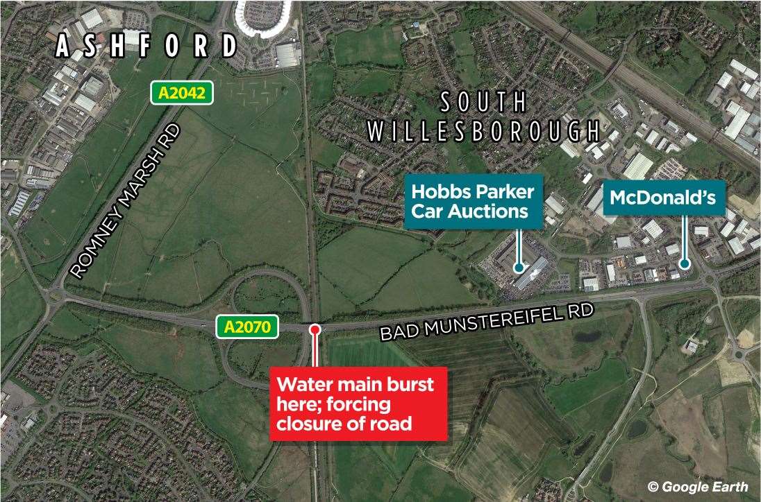 A map showing where the water main burst on the A2070, sparking lengthy delays