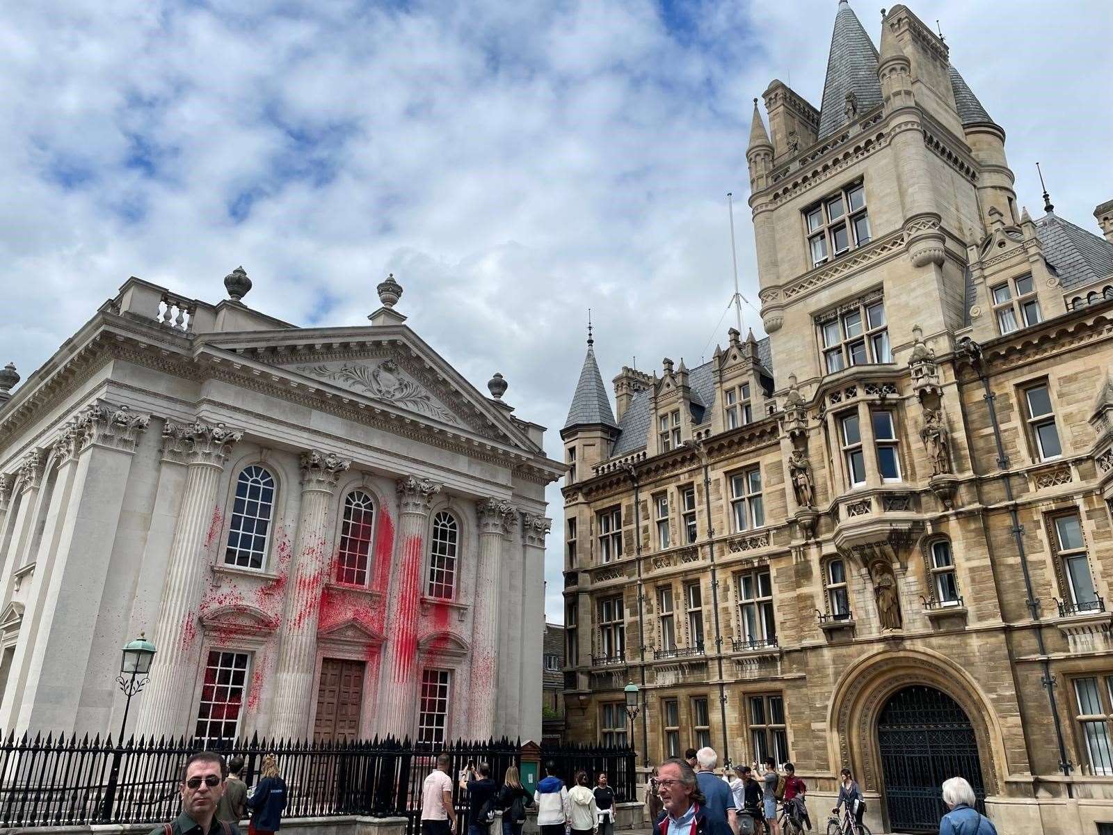 Senate House after pro-Palestinian protesters sprayed red paint on the historic building at the University of Cambridge (Jane Woodward/PA)