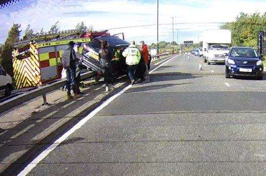 A car ended up on the central reservation near the Medway Tunnel. Picture @InstructorGeoff