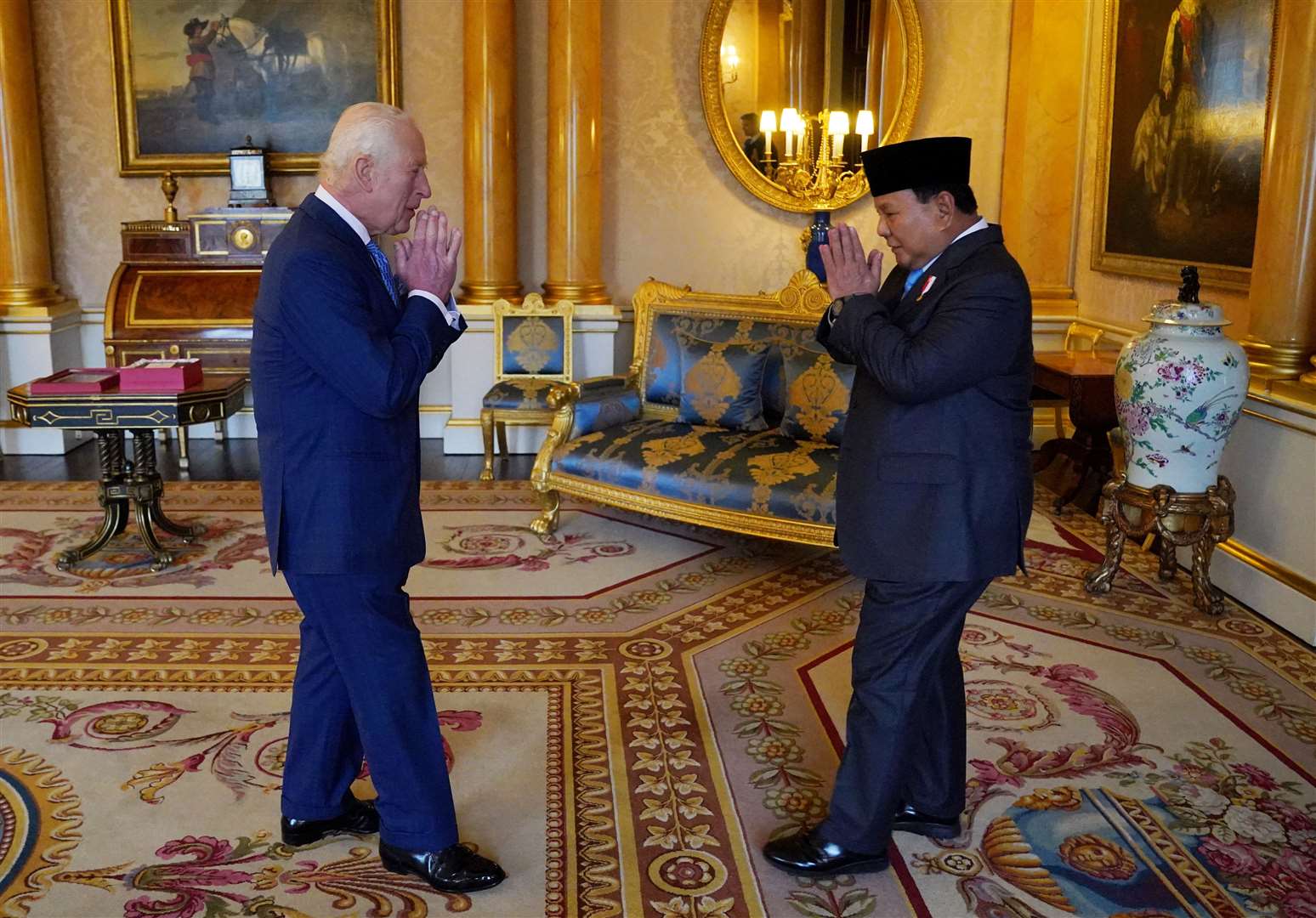 The King greets President Prabowo Subianto of the Republic of Indonesia at Buckingham Palace (Jonathan Brady/PA)