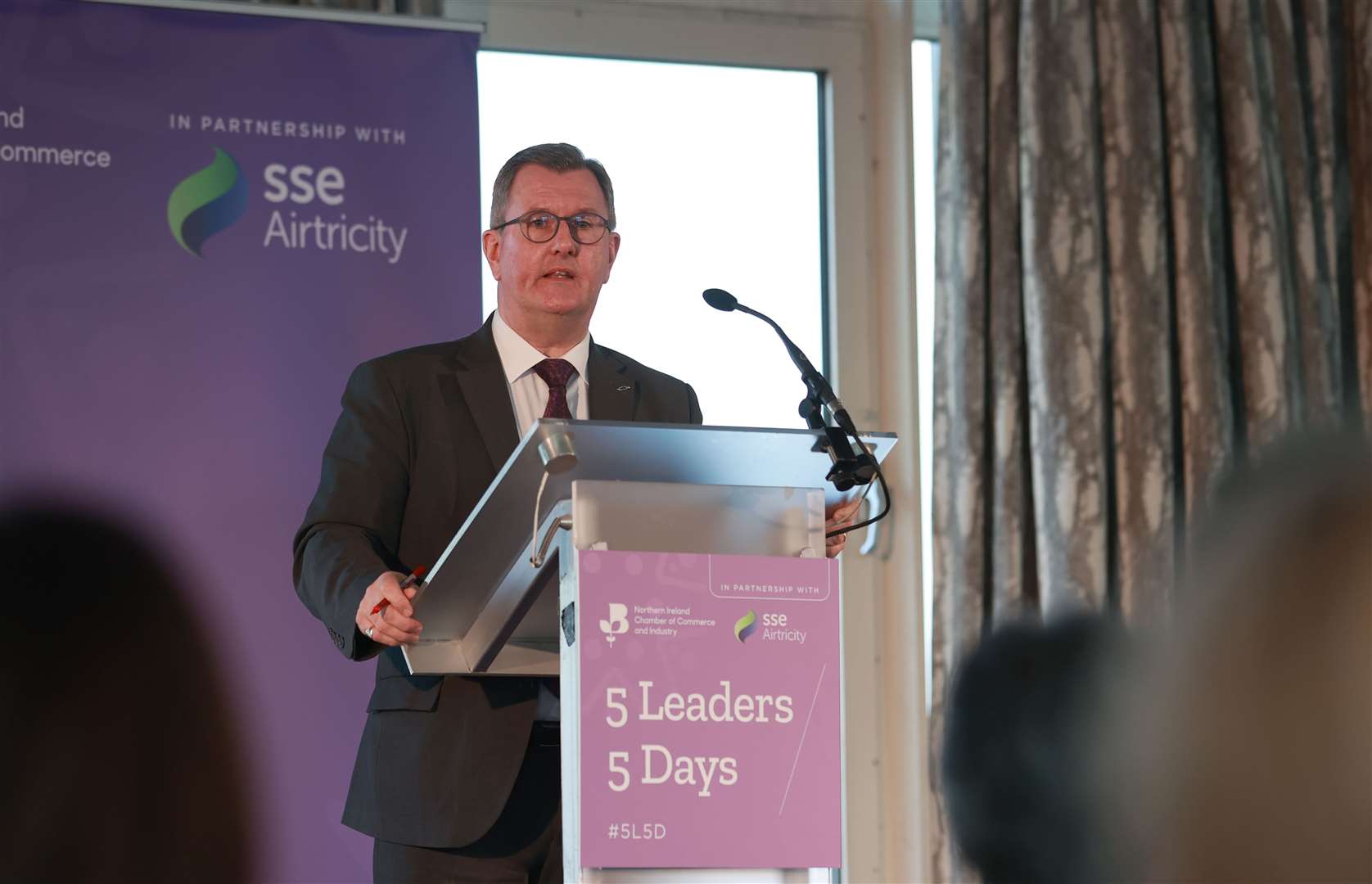 Sir Jeffrey Donaldson speaks at 5 Leaders, 5 Days event hosted by the Northern Ireland Chamber (Liam McBurney/PA).