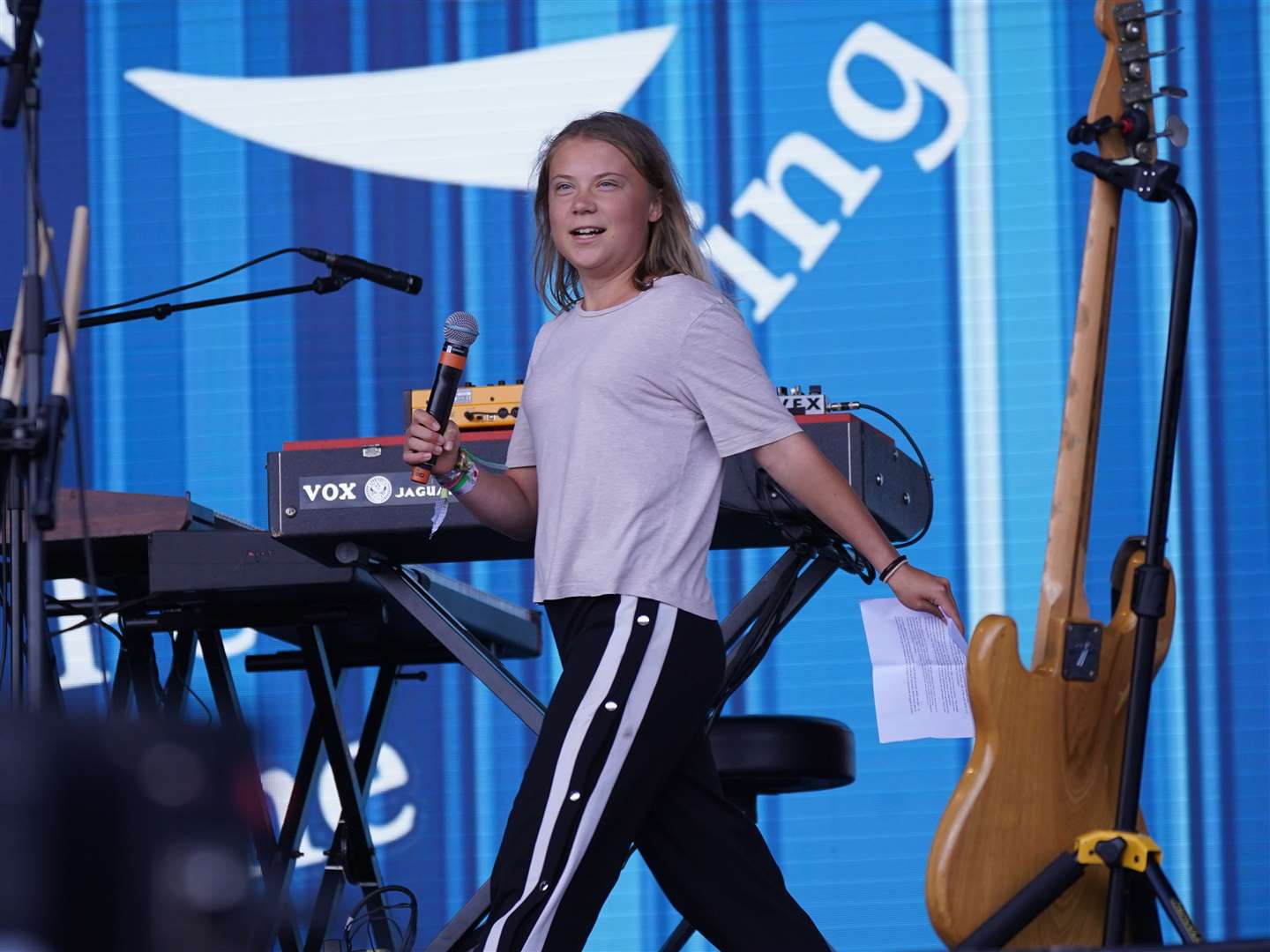 Climate activist Greta Thunberg speaking on the Pyramid Stage (Yui Mok/PA)