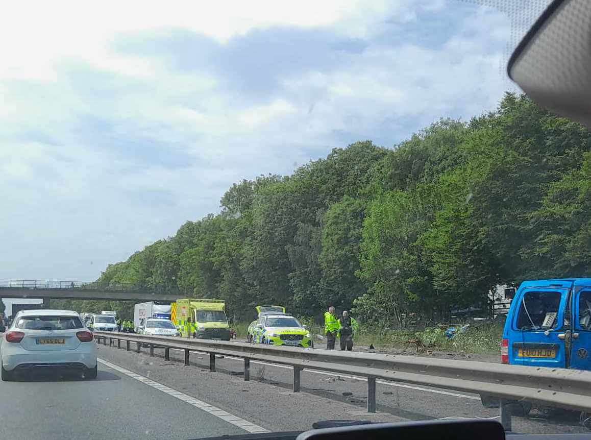 Emergency services are holding traffic on the M2 coastbound carriageway after an incident involving a van