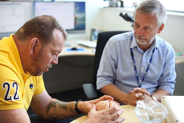 Steve Thompson and neuropathologist Professor Steve Gentleman during the new BBC documentary (BBC/Raw Factual Ltd/Gemma Duncan/PA)