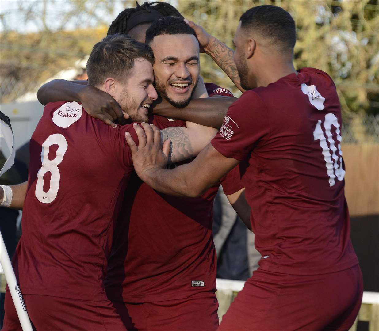 Dean Grant (centre) celebrates his winner against Biggleswade Picture: Paul Amos