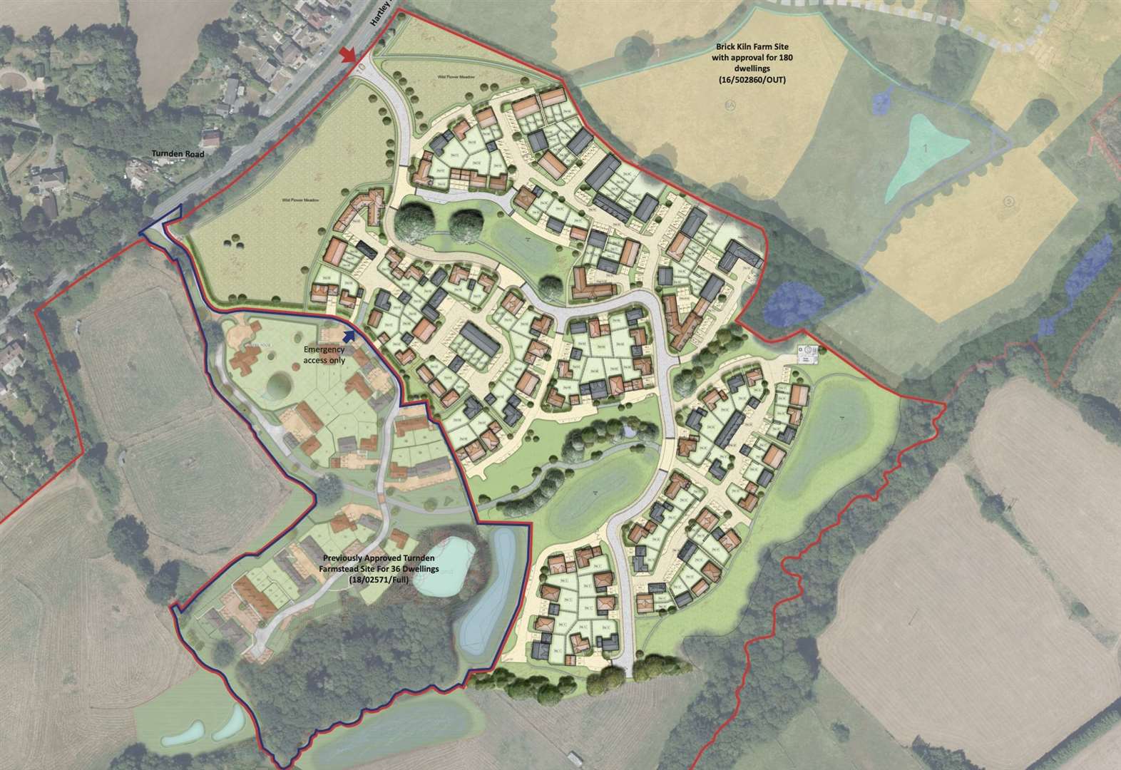 The map shows the small bit of land with houses agreed so far, but the red line is the new site of the 168.