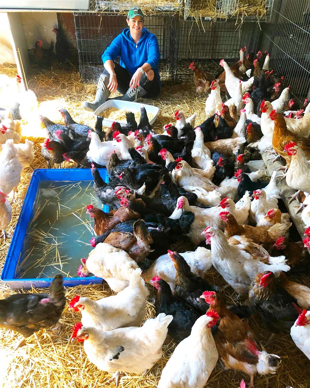 Happy Pants Ranch founder Amey James, with her newly-rescued hens, amongst the older chickens she already has