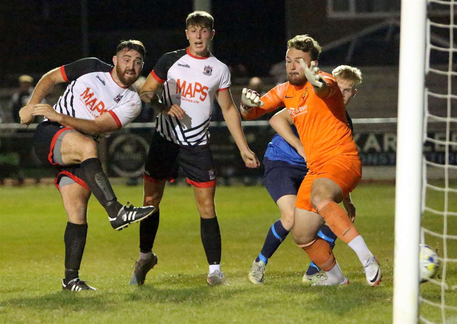 Action as Faversham Strike Force keeper Harry Earls is beaten in the first-team’s 8-2 Challenge Cup defeat at Southern Counties East Premier Division champions Deal in October 2023. Picture: Paul Willmott