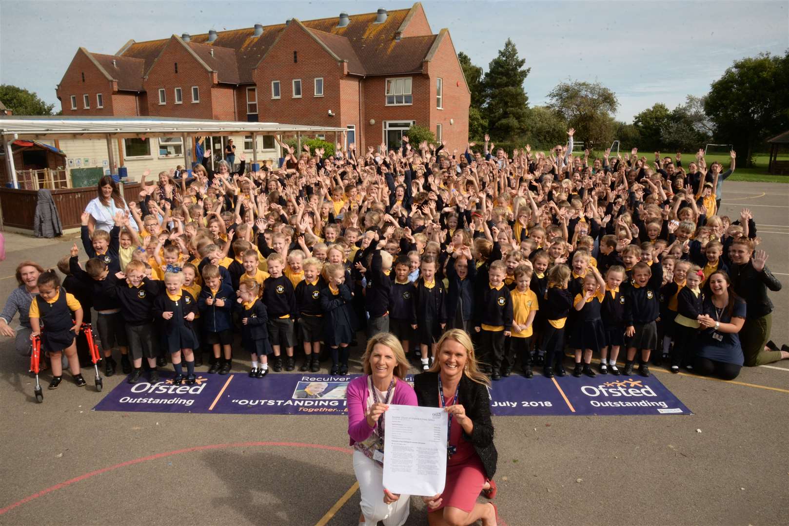 Reculver Primary School deputy head Stella Collins and head teacher Jenny Ashley-Jones with pupils