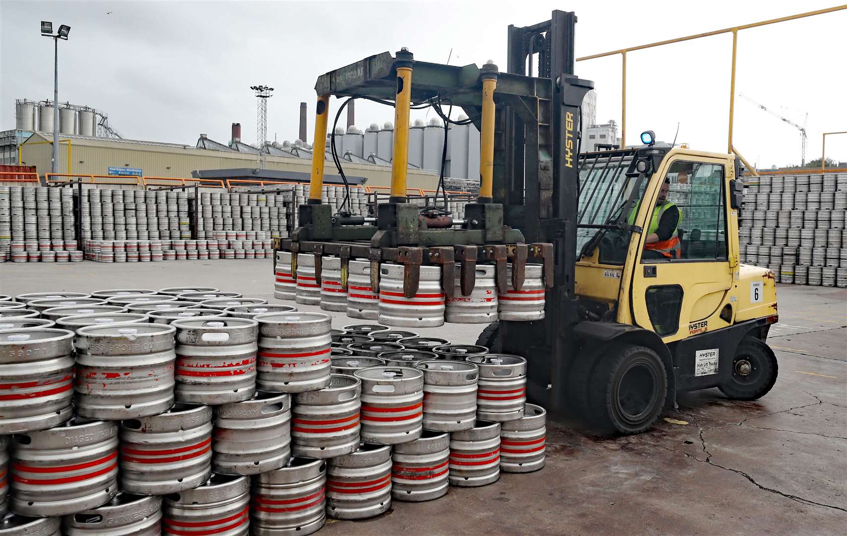 Kegs of Guinness are stacked ready for distribution at the St James’s Gate brewery in Dublin (Niall Carson/PA)