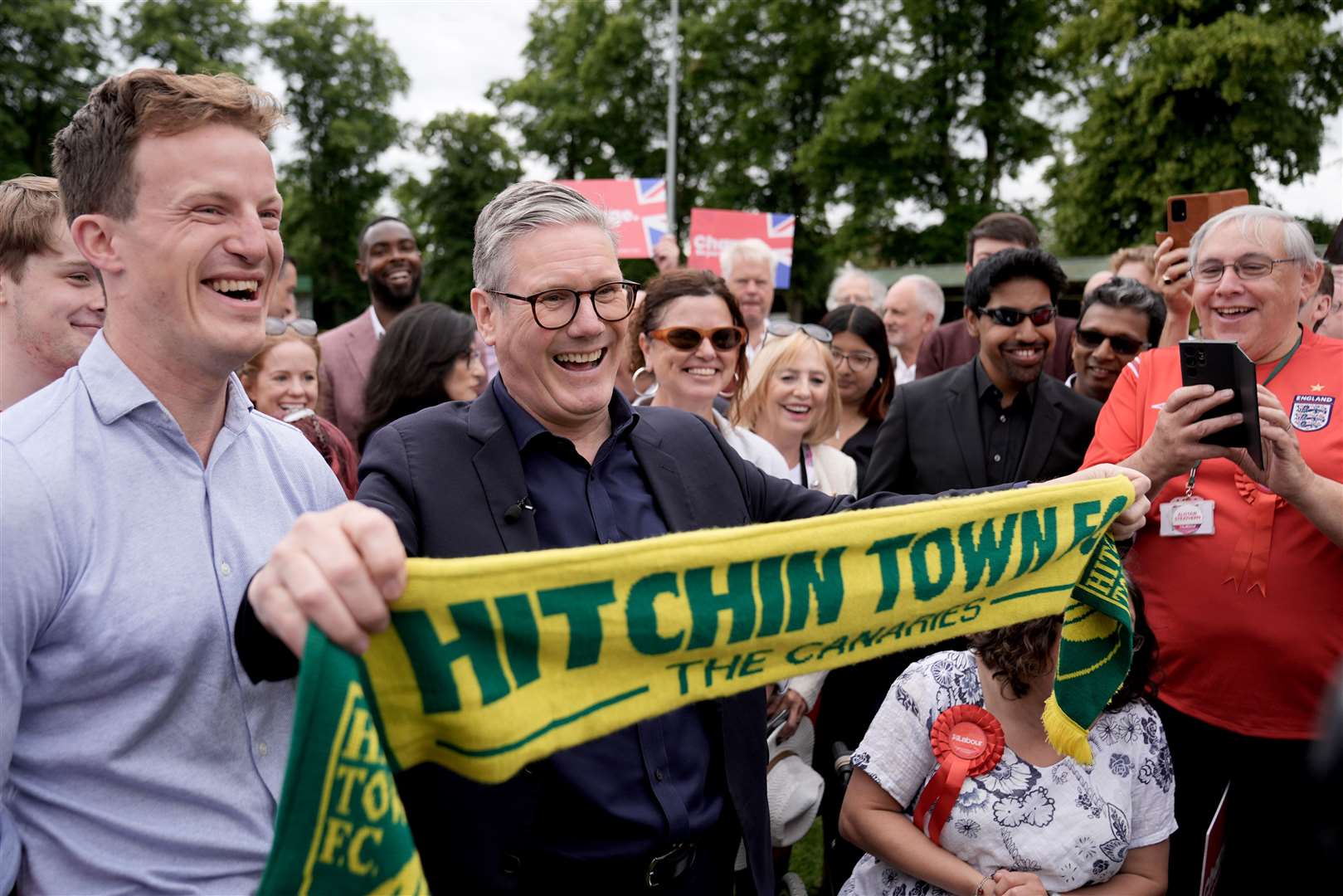 Labour leader Sir Keir Starmer visited Hitchin Town FC scarf during a visit to Hertfordshire, while on the General Election campaign trail (Stefan Rousseau/PA)