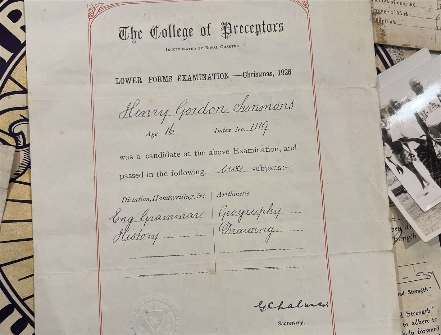 Henry's certificate for passing exams in English grammar, history, drawing and geography at age 16 in 1926