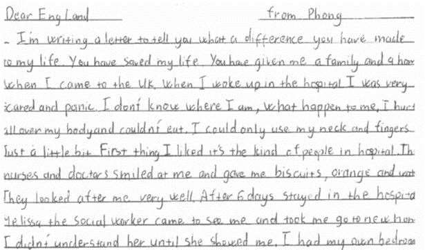 A young refugee has written a heart-warming thank you letter