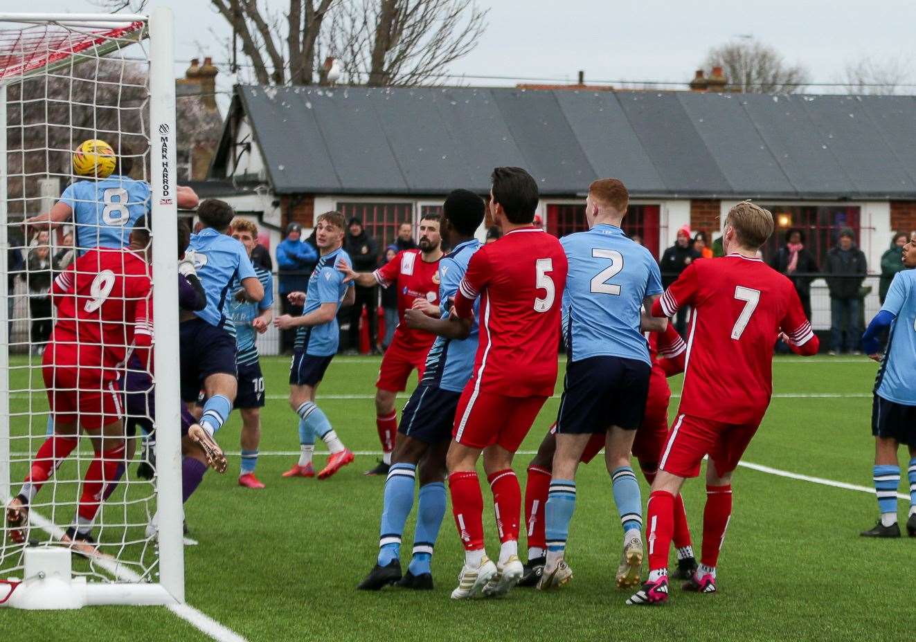 Archie Risdon, No.8, scores an own goal to give Whitstable the lead. Picture: Les Biggs