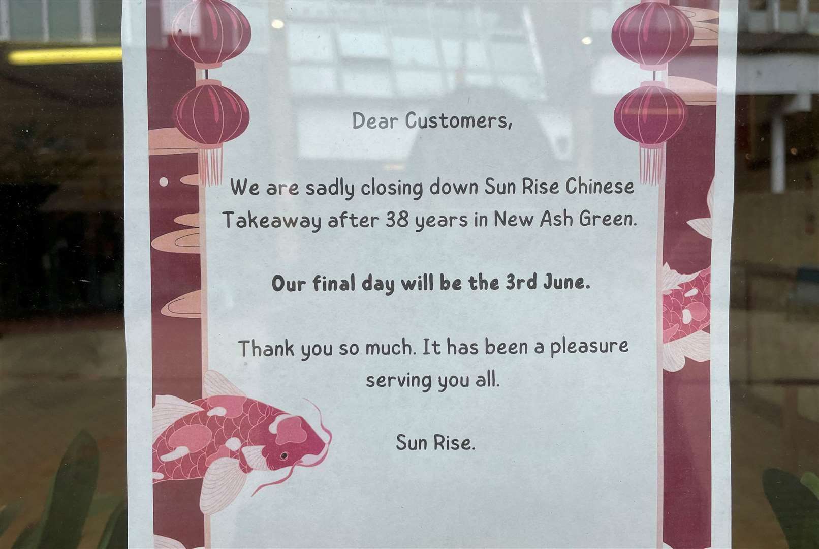 Sun Rise is closing on June 3