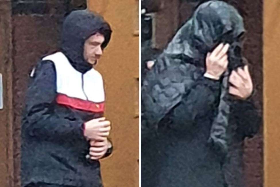 Jack Barron (left) and Luke Fogarolli, with his coat over his head, leave court after the verdicts